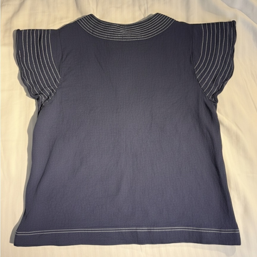 THML Coastal Chic Navy Flutter Sleeve Linen Blend Top Quiet Luxury Old Money L - Picture 8 of 11